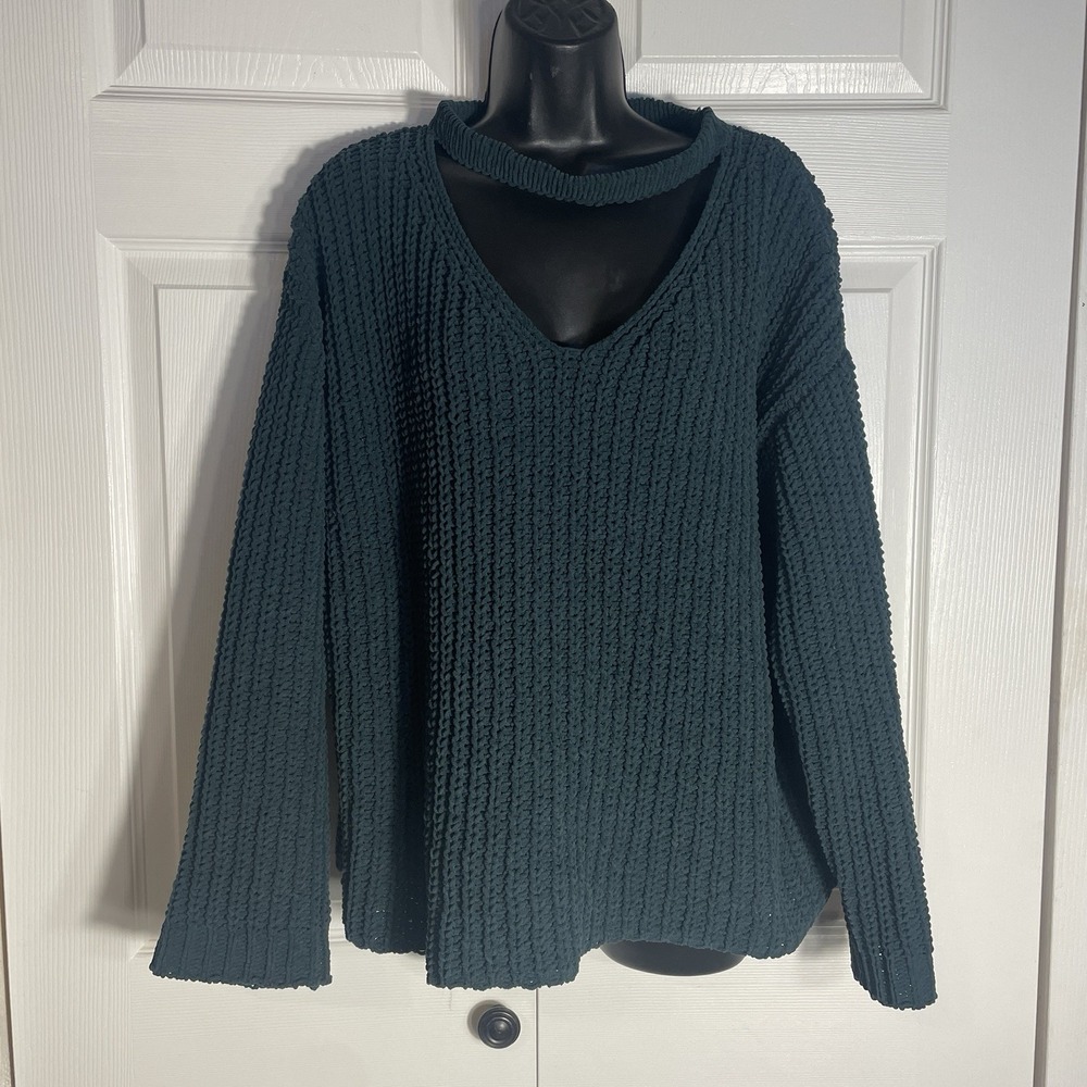 Lost Wander Chunky Knit Cutout Sweater Women M Green Chocker Ribbed Pullover Top